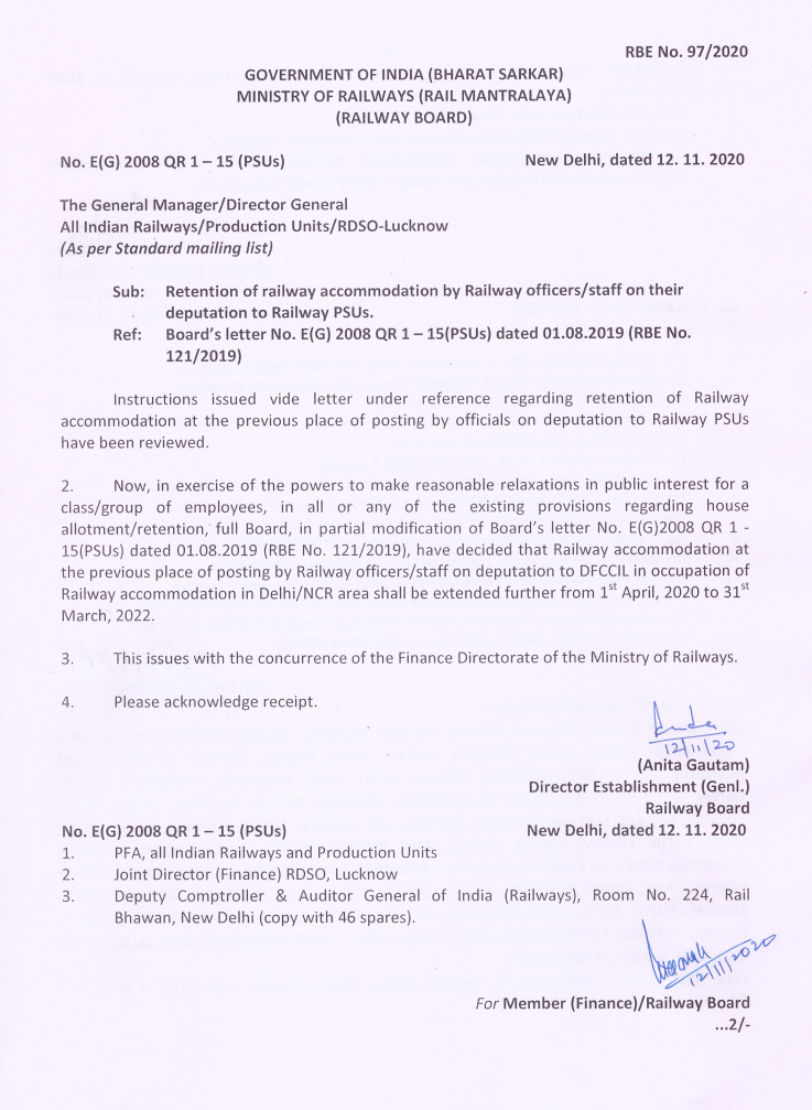 Retention of railway accommodation by Railway officers/staff on their deputation to Railway PSUs: RBE No. 97/2020