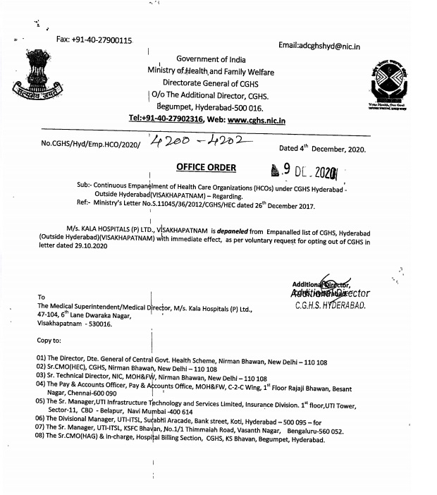De-empanelment of Kala Hospitals Visakhapatnam from CGHS Hyderabad (4 Dec 2020)