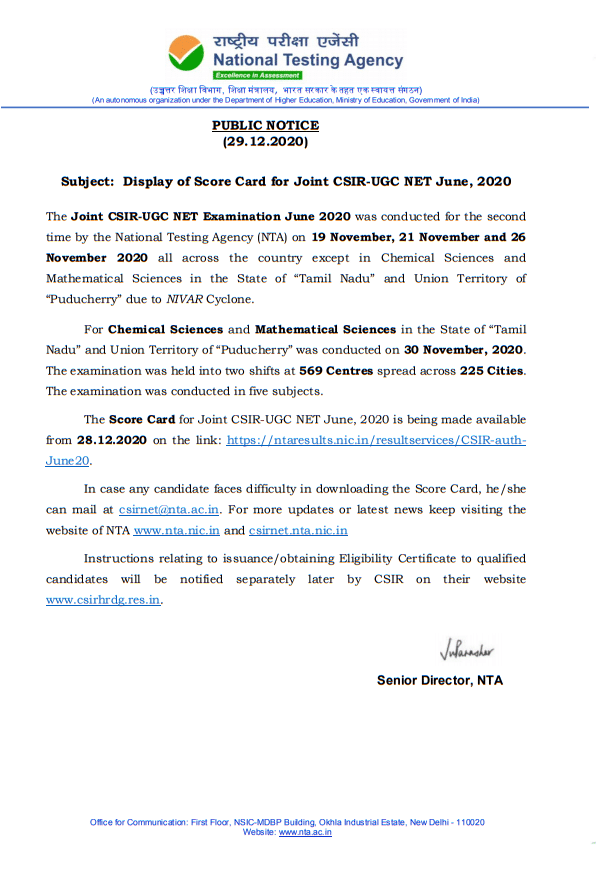 Display of Score Card for Joint CSIR-UGC NET June 2020: NTA Public Notice