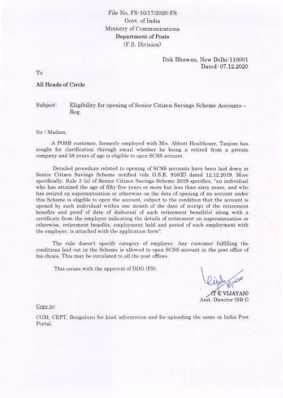 Eligibility for opening of Senior Citizen Savings Scheme Accounts: Clarification by DoP