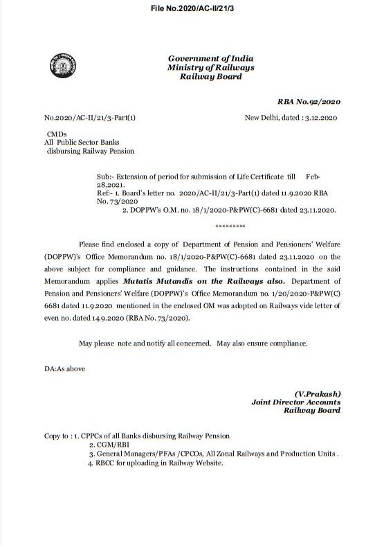 Extension of period for submission of Life Certificate till Feb 28,2021: Railway Board Order RBA No. 92/2020