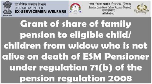 Grant of share of family pension to eligible child/children from widow who is not alive on death of ESM Pensioner