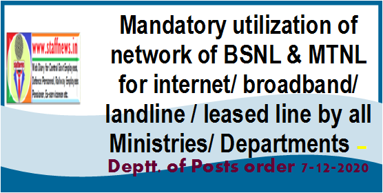 Mandatory utilization of network of BSNL & MTNL for internet/ broadband/ landline / leased line by all Ministries/ Departments – Deptt. of Posts order 7-12-2020