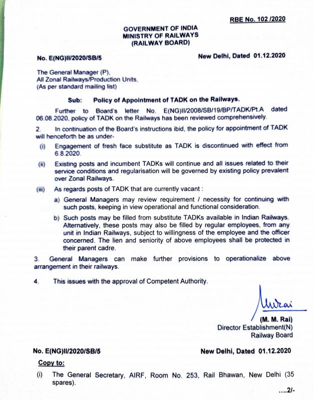 Policy of Appointment of TADK on the Railways: Revised instructions vide RBE No. 102 /2020