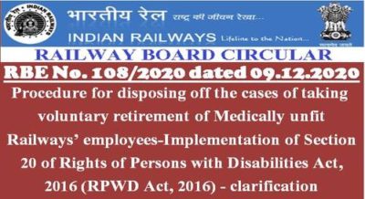 procedure for disposing off the cases of taking voluntary retirement of medically unfit railways employees