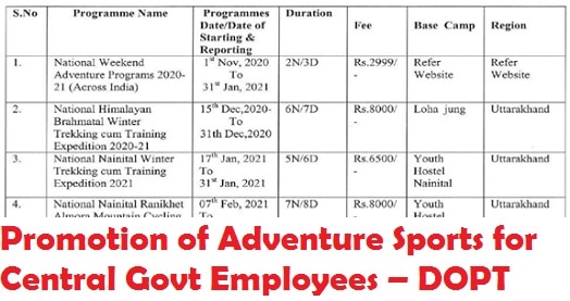 Promotion of Adventure Sports for Central Govt Employees – DOPT O.M