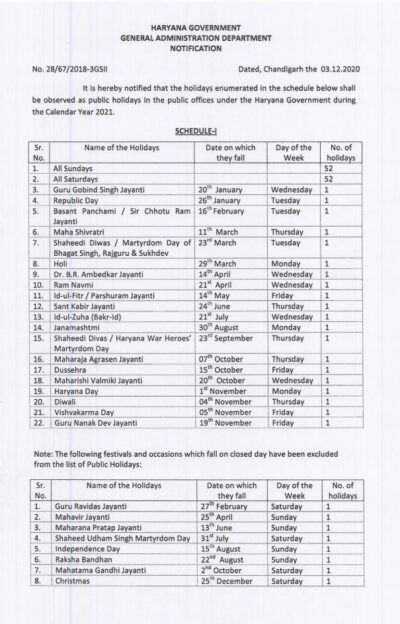 Public holidays in the public offices under the Haryana Government during the Calendar Year 2021 1 public-holidays-in-the-public-offices-under-the-haryana-government-during-the-calendar-year-2021