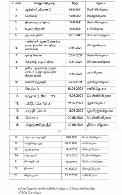 Tamil Nadu State Government Public Holiday List 2021