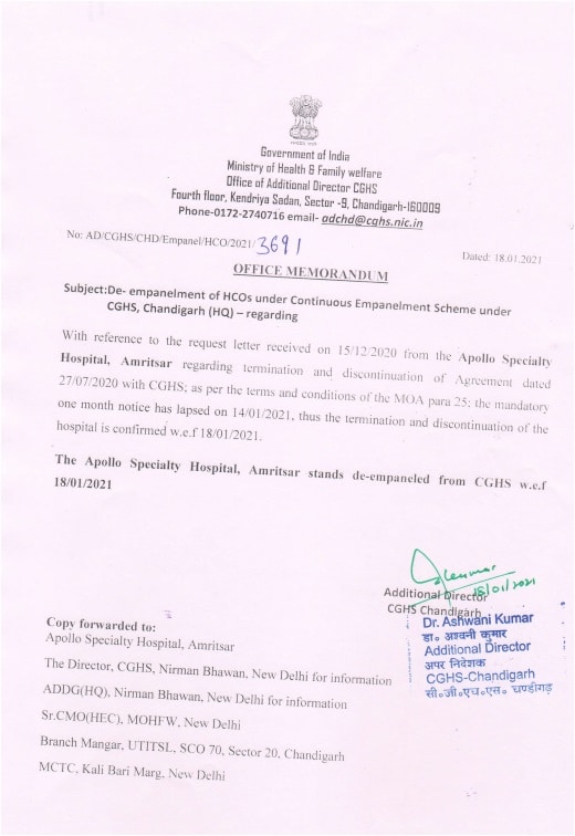 CGHS Chandigarh – De-empanelment of Apollo Specialty Hospital, Amritsar wef 18 Jan 2021