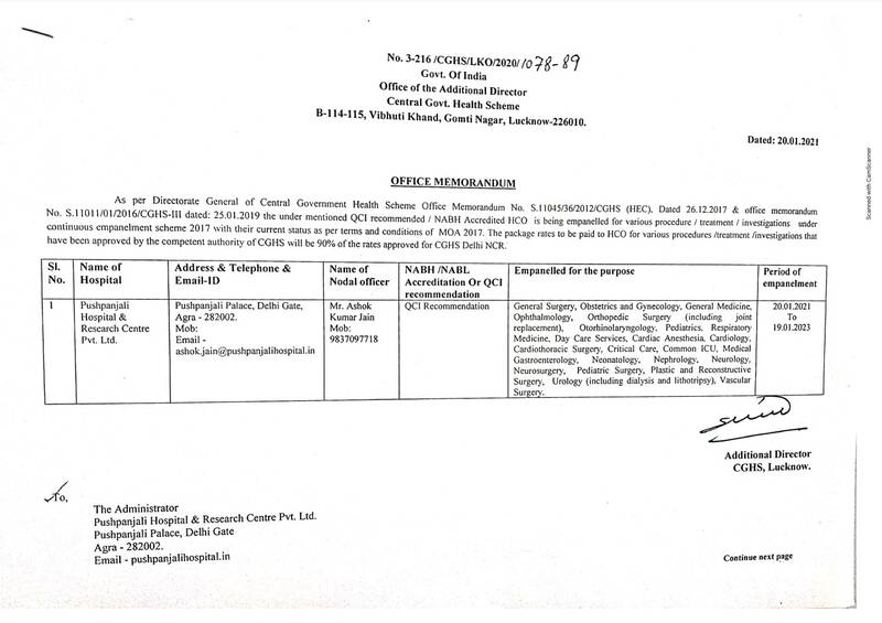 Empanelment of Pushpanjali Hospital & Research Centre Pvt. Ltd., Agra under CGHS Lucknow