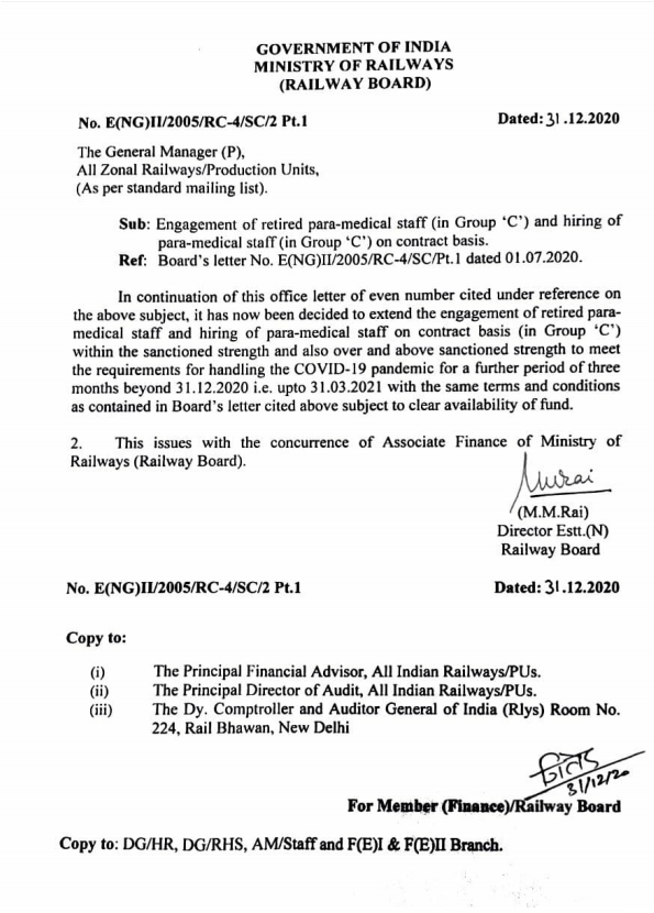 Engagement of retired para-medical staff (in Group ‘C’) and hiring of para-medical staff (in Group ‘C’) on contract basis: Railway Board