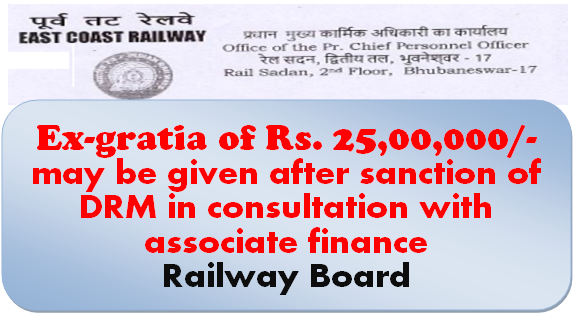 Ex-gratia of Rs. 25,00,000/- may be given after sanction of DRM in consultation with associate finance: Railway Board