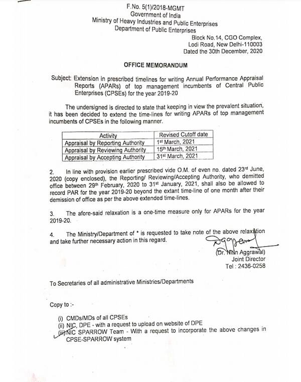Extension in prescribed timelines for writing APARs of top management incumbents of CPSE for the year 2019-20