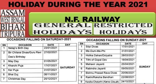 Holiday List during the year 2021 for offices of N.F. Railway situated in Assam, West Bengal, Bihar & Tripura