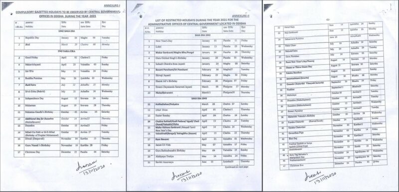 Holiday List for the Calendar Year 2021 for Central Govt. Offices in