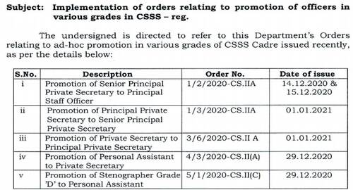 Implementation of orders relating to promotion of officers in various grades in CSSS: DoP&T OM