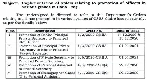 Implementation of orders relating to promotion of officers in various grades in CSSS: DoP&T OM