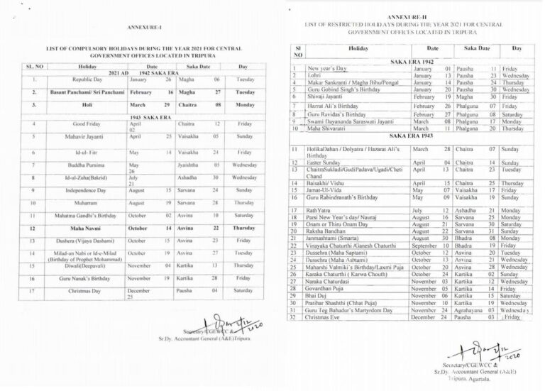 List of Holidays Year 2021 for Central Govt Offices located in Tripura