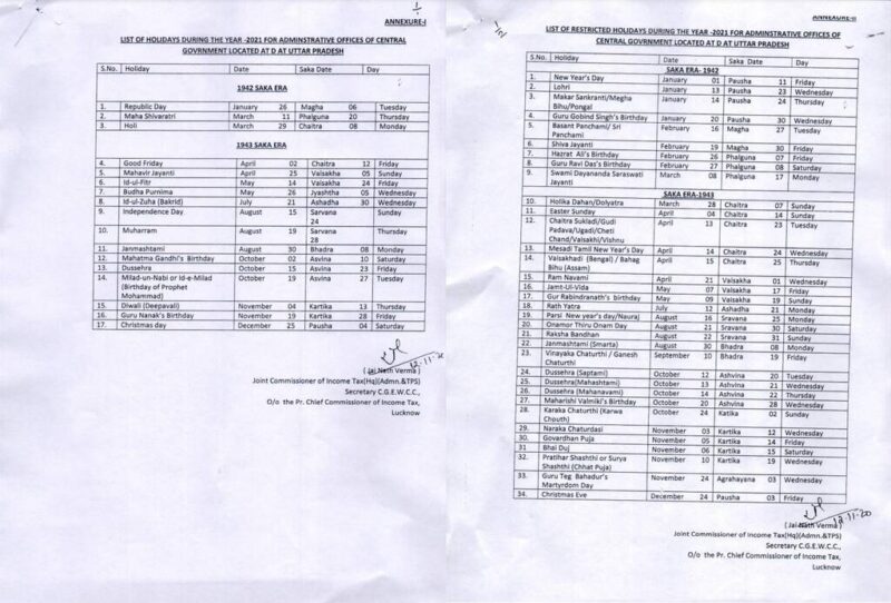 List of holidays Year 2021 in the Central Govt. offices located at