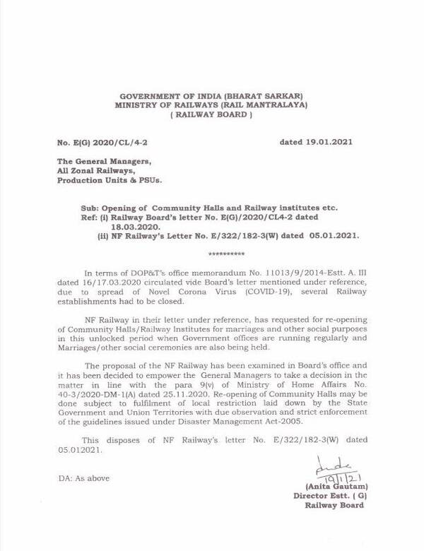 Opening of Community Halls and Railway institutes: Railway Board Order