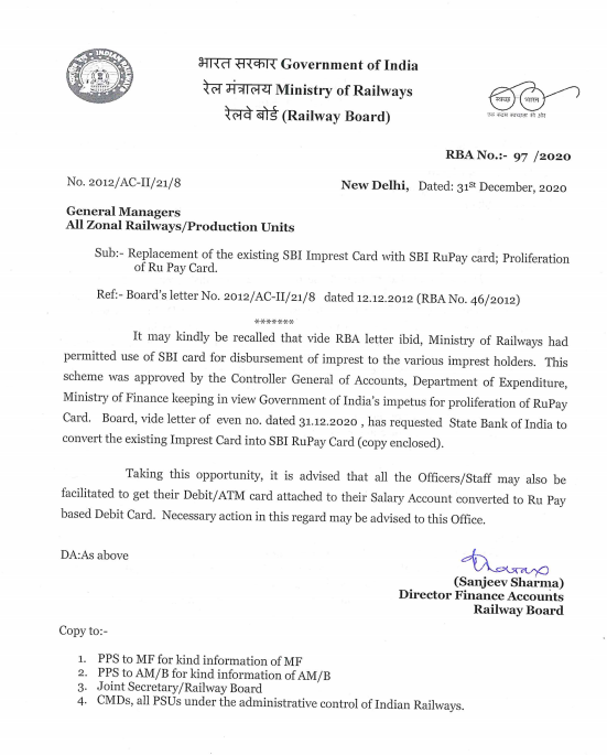 Replacement of the existing SBI Imprest Card with SBI RuPay card-Proliferation of RuPay Card: Railway Board RBA No. 97/2020