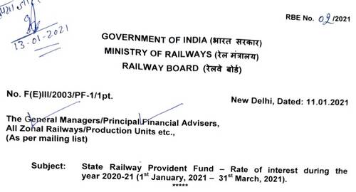 State Railway Provident Fund – Rate of interest from 1st Jan, 2020 to 31st Mar, 2021: RBE No. 02/2021