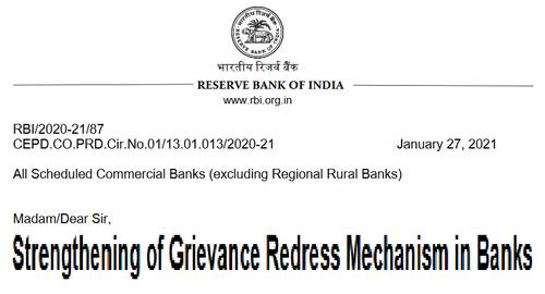 Strengthening of Grievance Redress Mechanism in Banks: RBI Circular