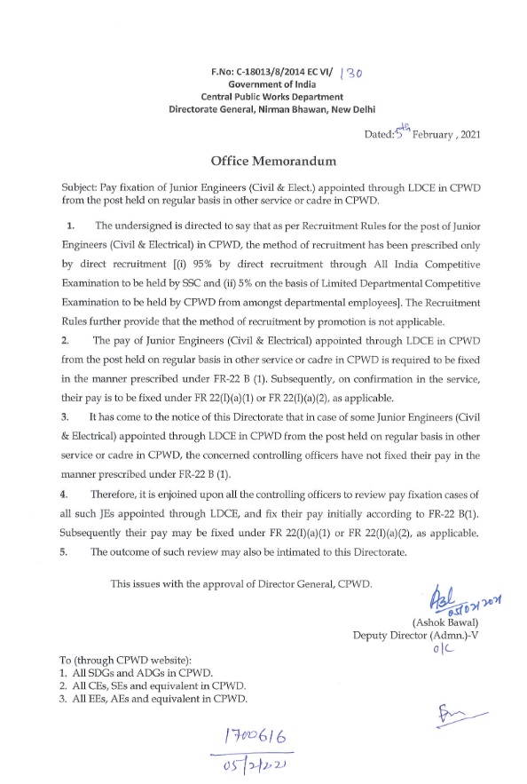 7th CPC: Pay fixation of Junior Engineers (Civil & Elect.) appointed through LDCE in CPWD