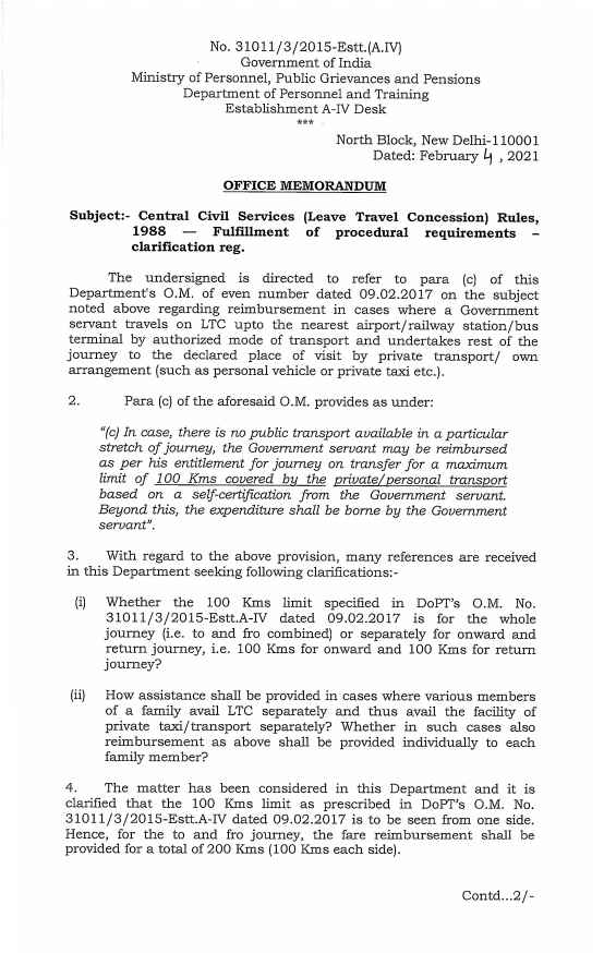 Central Civil Services (Leave Travel Concession) Rules, 1988 Fulfillment of procedural requirements clarification: DoPT OM 04.02.2021