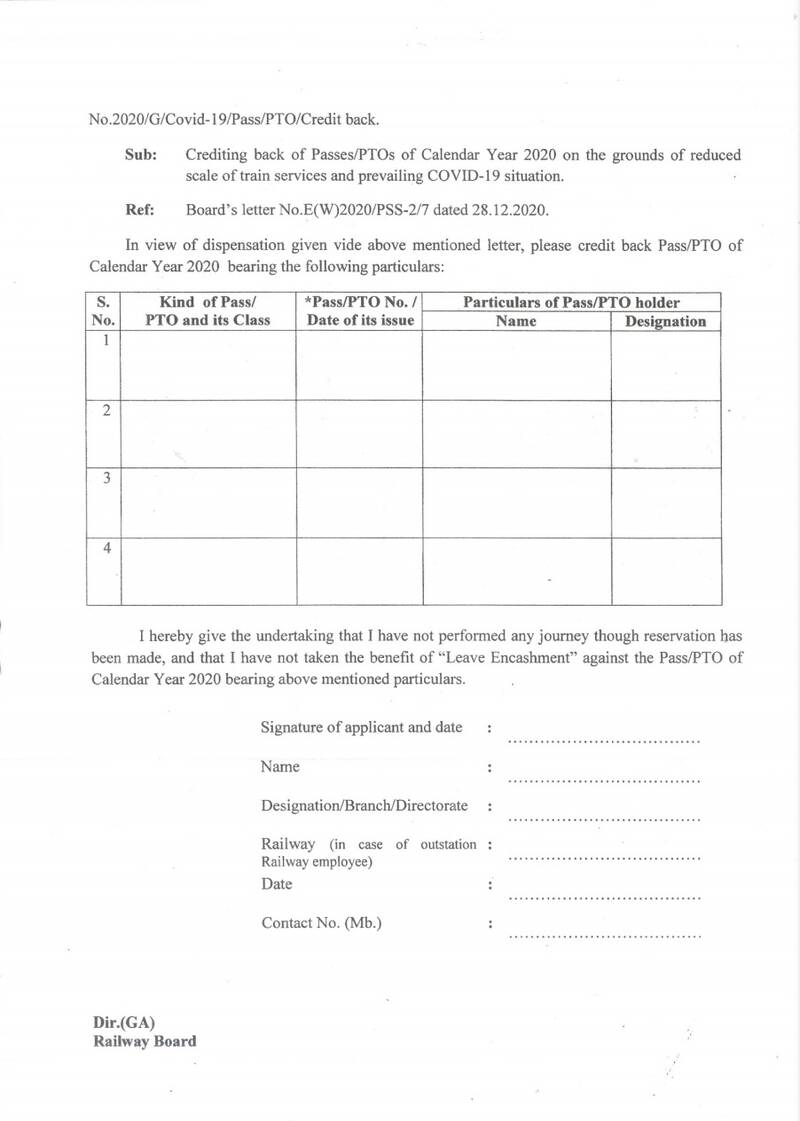 Crediting back of Passes/PTOs of Calendar Year 2020: Application Form
