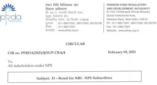 D-Remit for NRI – NPS Subscribers: PFRDA Circular 03 February, 2021