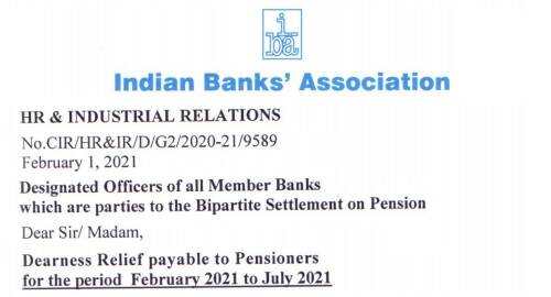 Dearness Relief payable to Bank Pensioners for the period February 2021 to July 2021: IBA Order 