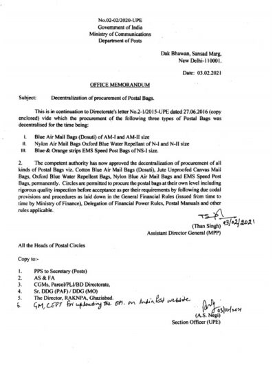 decentralization of procurement of postal bags department of posts 03 feb 2021