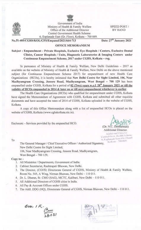 Empanelment of New Delhi Centre for Sight Limited under CGHS Kolkata w.e.f. 28th January 2021