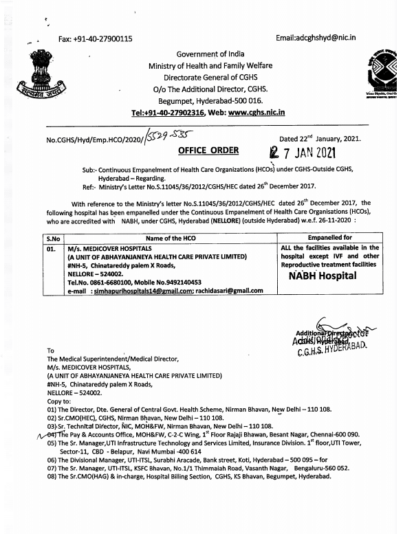Medicover Hospitals Nellore:  Empanelment under CGHS Hyderabad wef 27 Jan 2021