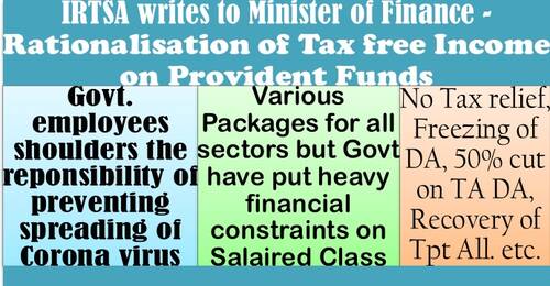 Rationalisation of Tax free Income on Provident Funds: IRTSA writes to FinMin showing displeasure on freezing of DA, recovery of Tpt Allowanace etc. 
