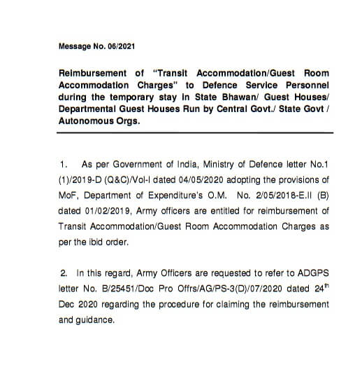 Reimbursement of Transit Accommodation/ Guest Room Accommodation Charges : PCDA Message No. 06/2021