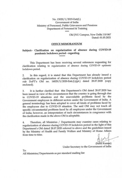 clarification-on-regularization-of-absence-during-covid-19-pandemic-lockdown-period-dopt-om-dated-01-03-2021