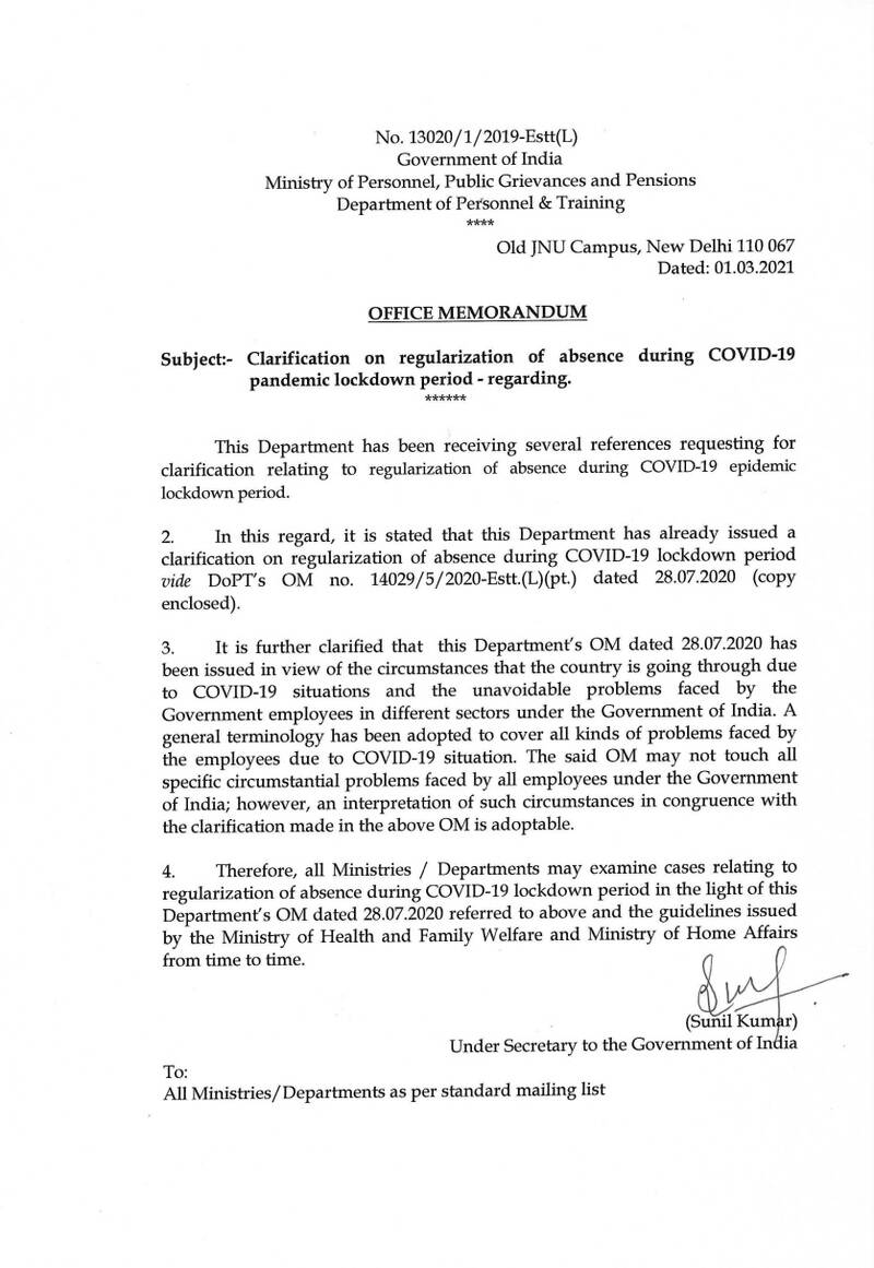 Clarification on regularization of absence during COVID-19 pandemic lockdown period: DoP&T OM dated 01.03.2021