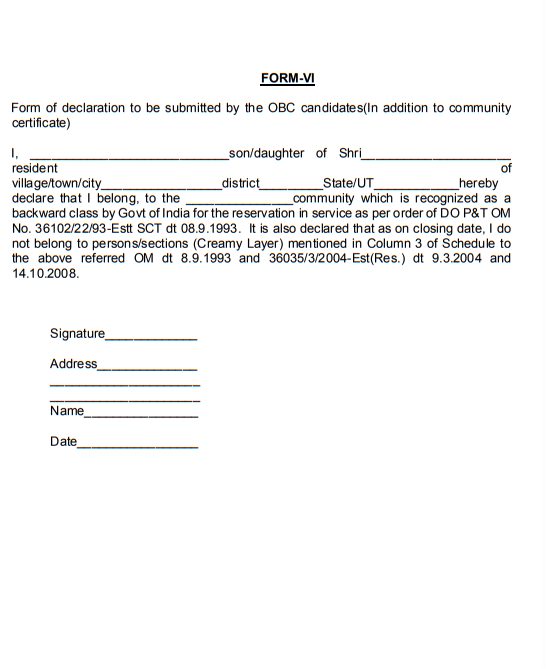 Form-VI for OBC declaration Applying for Appointment to Posts Under the Government of India