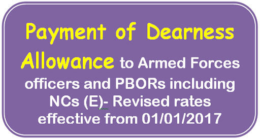Payment of Dearness Allowance: Armed Forces officers and PBORs including NCs (E)- Revised rates