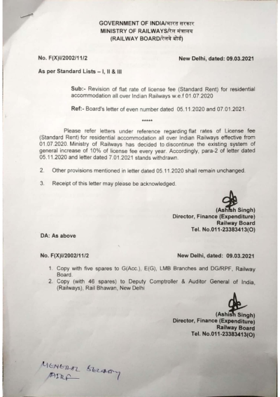 Revision of flat rate of license fee (Standard Rent) for residential accommodation all over Indian Railways w.e.f 01.07.2020