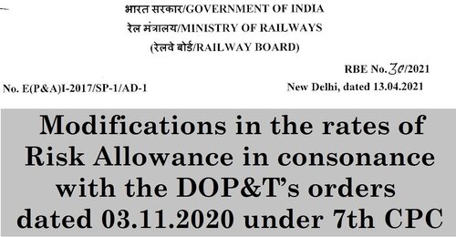 7th Pay Commission Modifications in the rates of Risk Allowance: Railway Board Order RBE No.30/2021 with List of categories/staff eligible