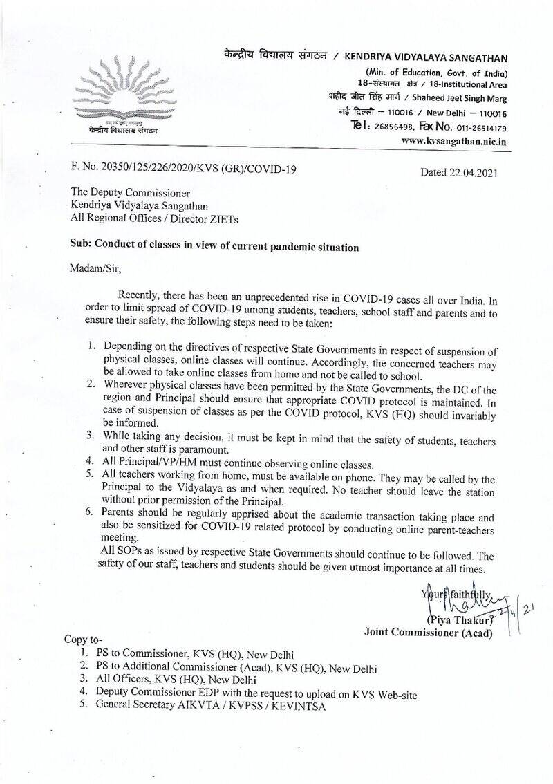 Conduct of classes in view of current pandemic situation: Kendriya Vidyalaya Sangathan Order dated 22-04-2021