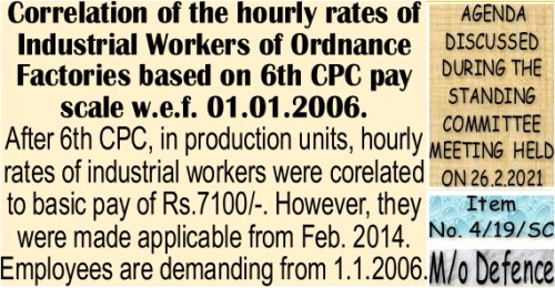 Correlation of the hourly rates of Industrial Workers of Ordnance Factories based on 6th CPC pay scale w.e.f. 01.01.2006: Item No. 8/19/SC Standing Committee Meeting