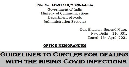 Guidelines to Circles for dealing with the rising Covid infections: Department of Posts