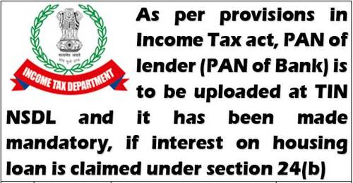 PAN of lender (PAN of Bank) required, if interest on housing loan is claimed under Section 24(b) of Income Tax for FY 2020-21