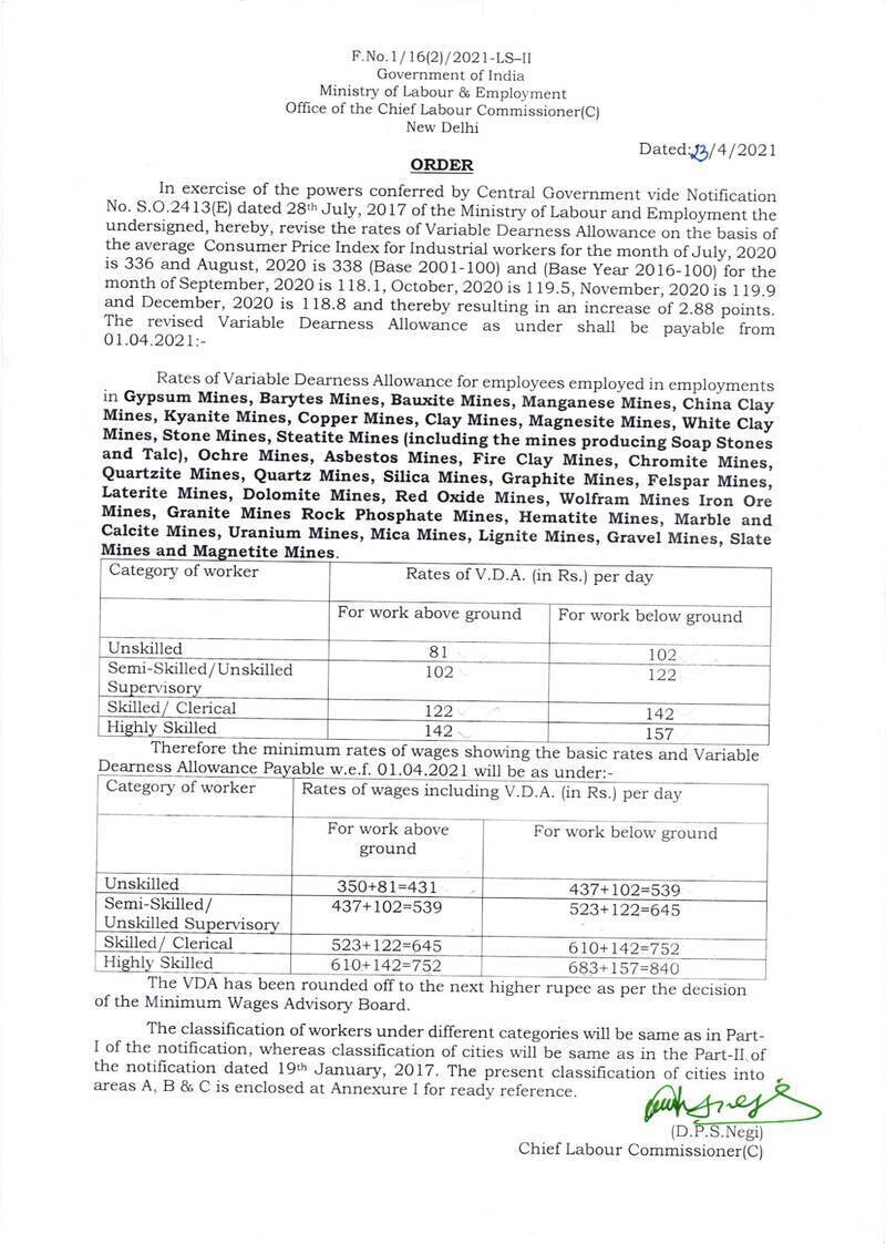 Revised VDA Minimum Wages for Mines Workers w.e.f 1st Apr 2021: Supersession Order Dt 29.07.2022