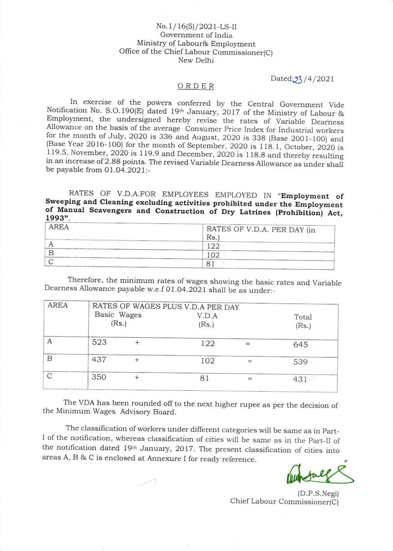 Revised VDA Minimum Wages for Sweeping and Cleaning Worker w.e.f 1st Apr 2021: Supersession Order Dt 29.07.2022