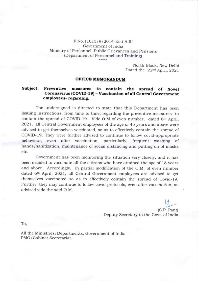 Vaccination of all Central Government employees who have attained the age of 18 years and above: DoP&T OM dated 22.04.2021
